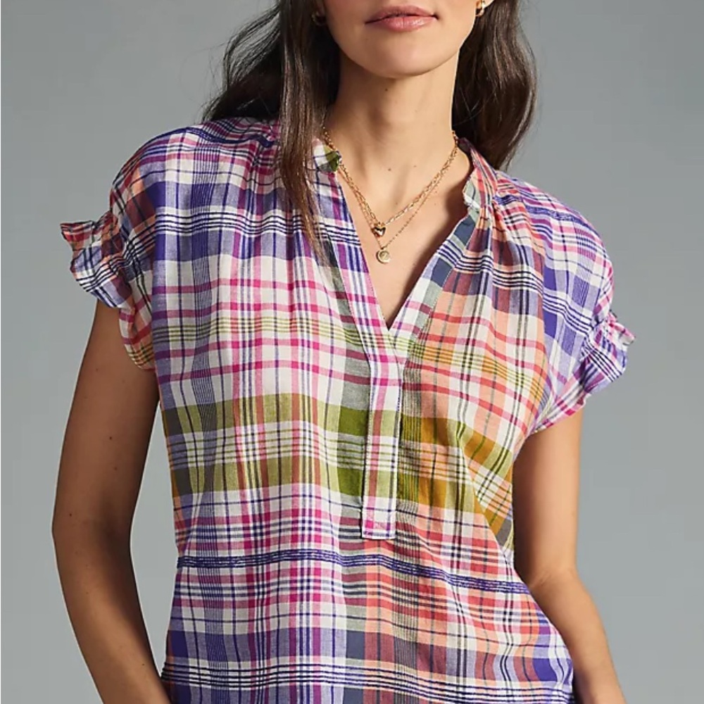 Pilcro Pink and Purple Ruffled Blouse with Mandarin Collar